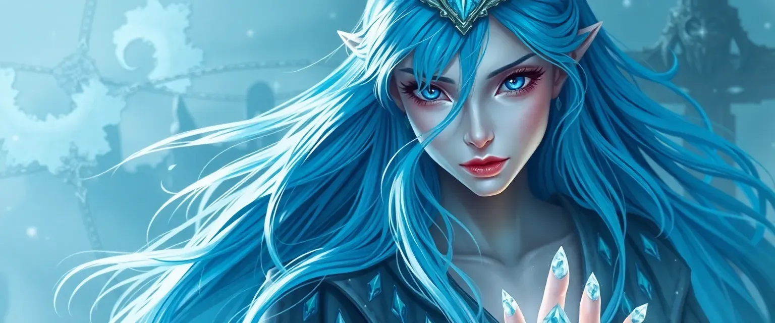 Elf mage with long blue hair, blue eyes, pale skin, wearing flowing, ocean-hued robes with ice crystal patterns.