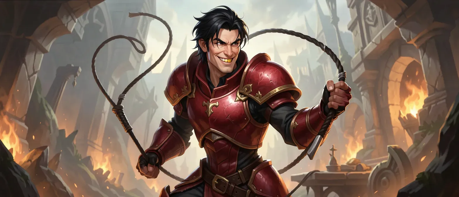 Tall thin man with black hair in red leather armor, smirking with gold tooth while holding a whip.