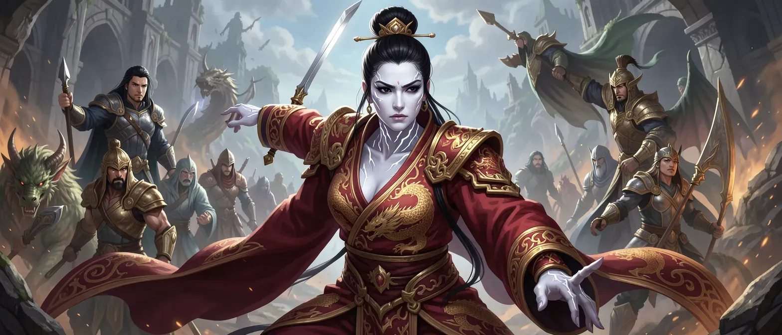 A 38-year-old Chinese empress with pale skin, raven hair in topknot, obsidian eyes, jagged lightning demon patterns on arms and neck, clad in crimson dragon-embroidered robes, stern and brooding expression.