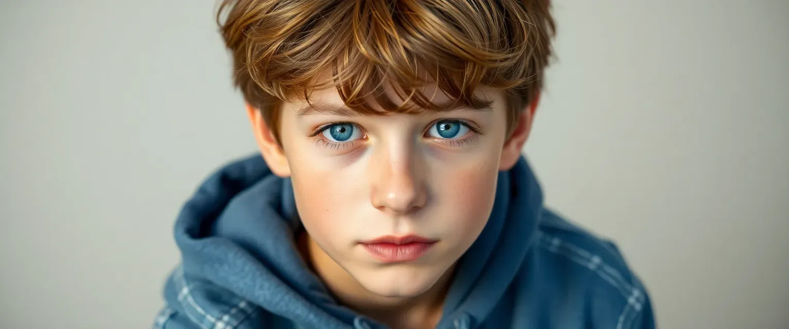 Thirteen-year-old boy with unruly brown hair, blue eyes, wearing a faded blue hoodie and jeans.