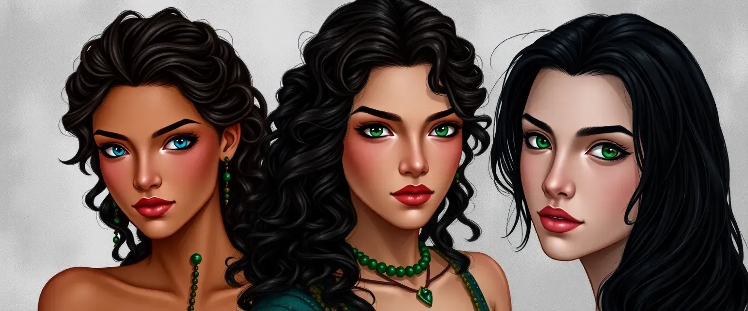 Zalara: 22, sun-kissed skin, azure eyes, dark wavy hair with beads. Kaelira: 25, delicate, green eyes, untamed curls. Mirene: 19, pale skin, dark almond eyes, soft black hair.