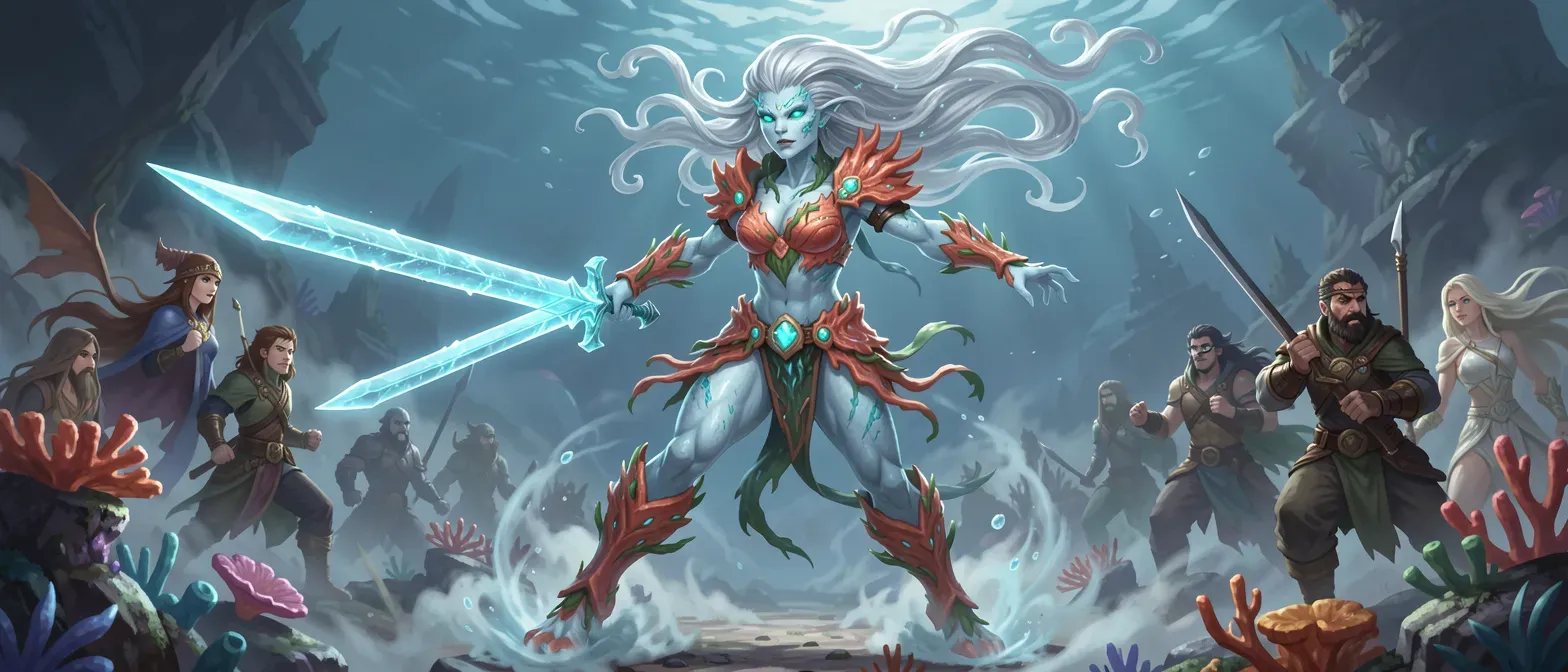 A 28-year-old water elemental swordswoman with pale blue scaly skin, flowing silver liquid hair, turquoise swirling eyes, wearing coral-kelp armor and wielding a translucent longsword, standing tall and lithe on a misty reef.