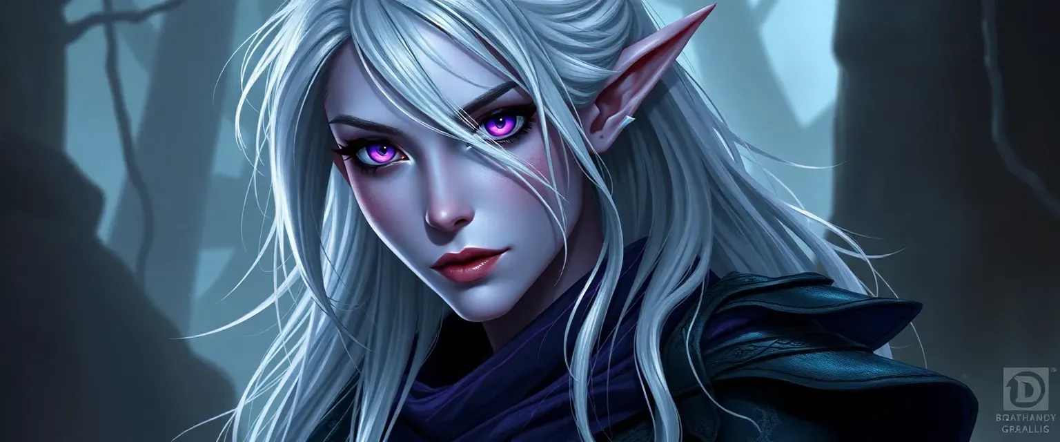 Half-elf drow woman with pale skin and obsidian undertones, violet eyes, silver hair, wearing a color-shifting cloak and durable boots.