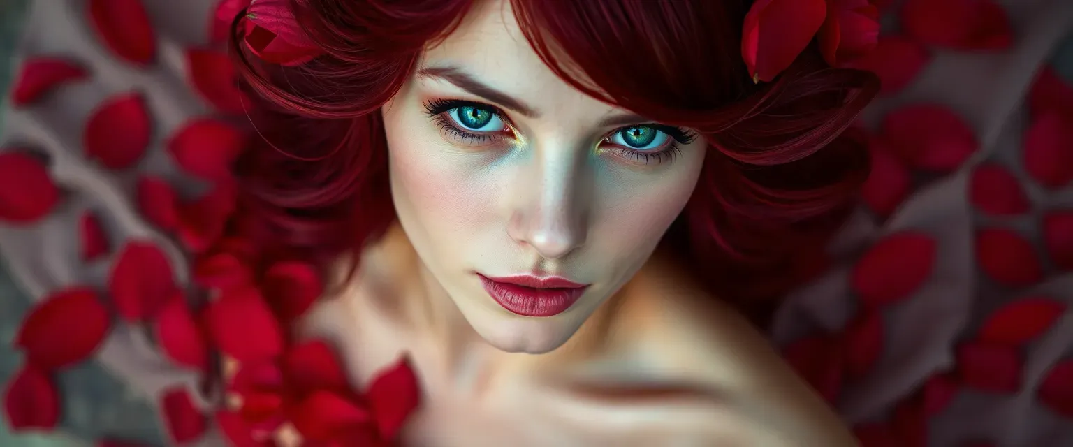Young woman with red-tinted skin, burgundy hair, green eyes, wearing a gown of red rose petals.