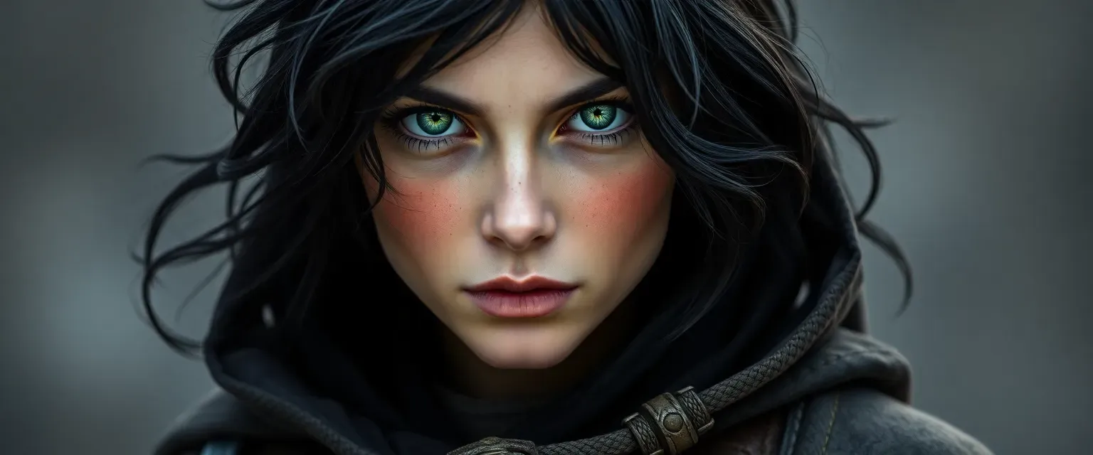 Early 30s woman with dark, unruly hair and piercing green eyes, wearing practical leathers and a worn cloak.