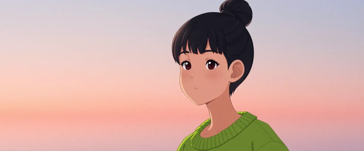 A 12-year-old Japanese boy named Lnfinit with black hair in a bun, bangs, wearing a lime green sweater; creative, funny; loves Aquapets; best friends with Antelope.