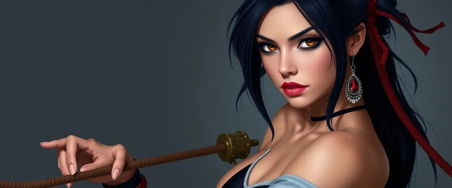 Petite, athletic woman with light skin, triangle face, deep navy blue hair, amber eyes, modern loose clothing, ruby accessories, armed with knives and whip.
