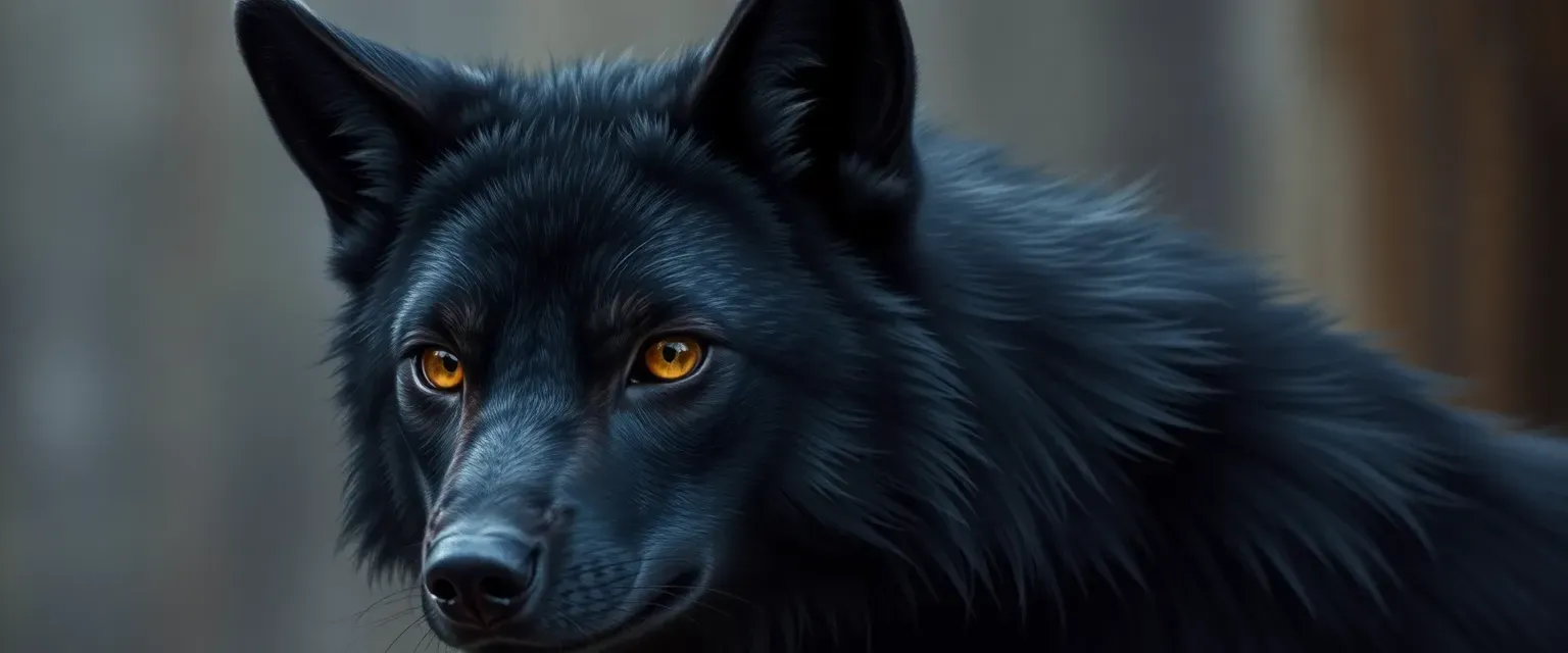 Young adult female wolf with deep black fur and striking amber eyes, intelligent and strategic.