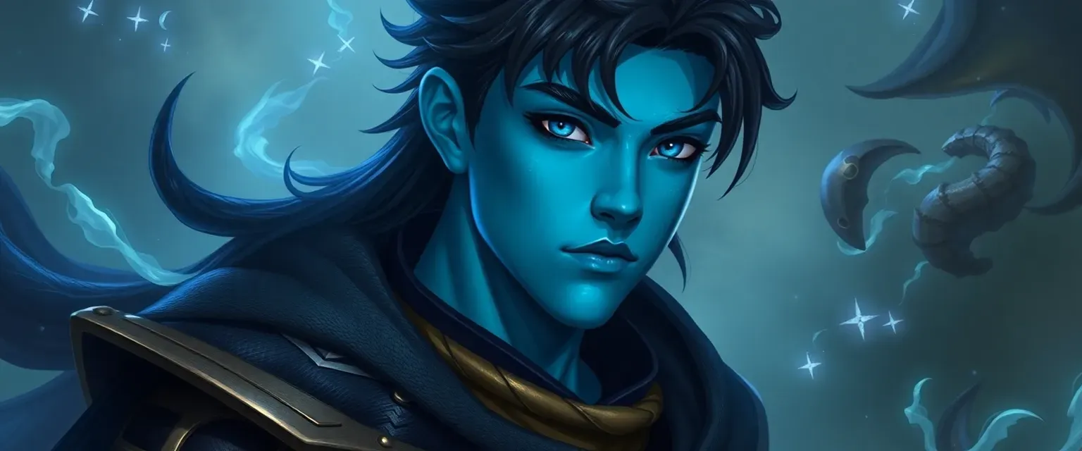 15-year-old Tezu, 6'8'', athletic, azure skin, cosmic eyes, Hōzen from another realm.