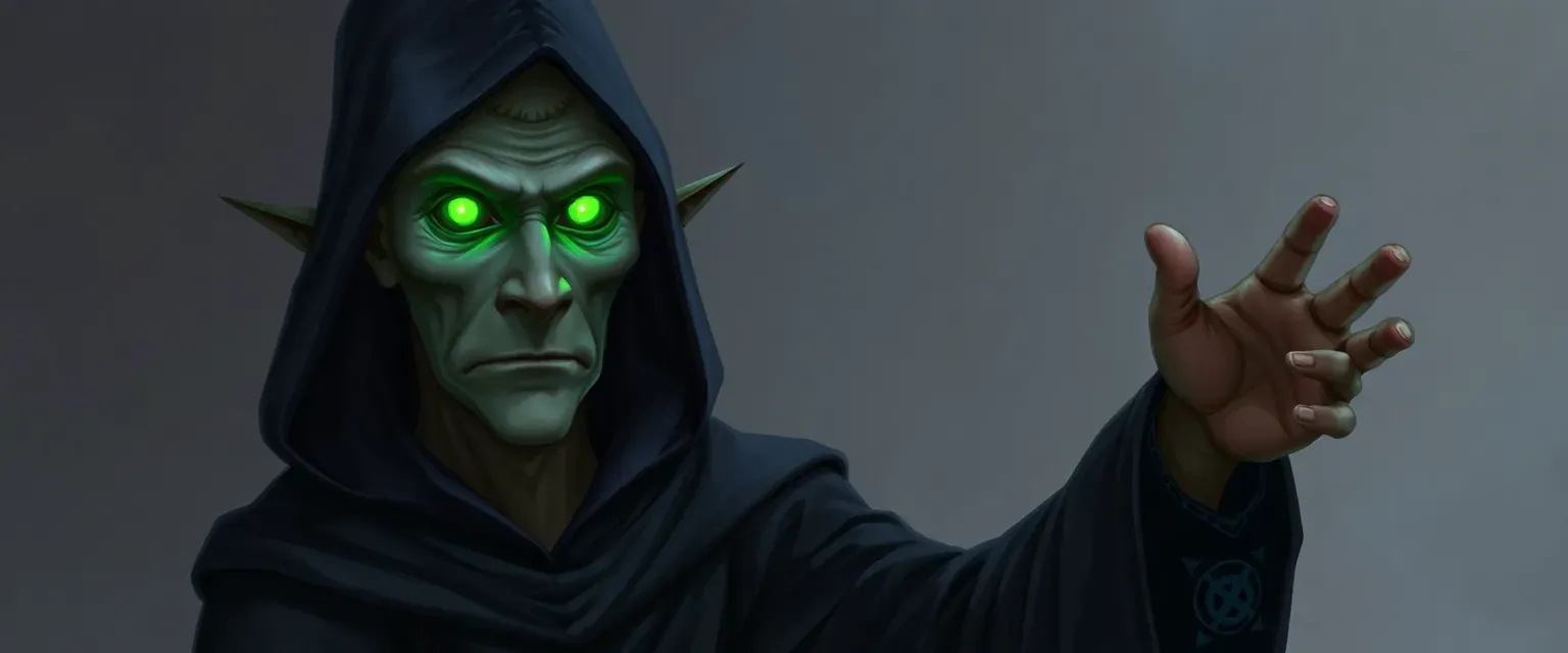 Tall, gaunt wizard with pale skin, glowing green eyes, wearing dark robes with arcane symbols.