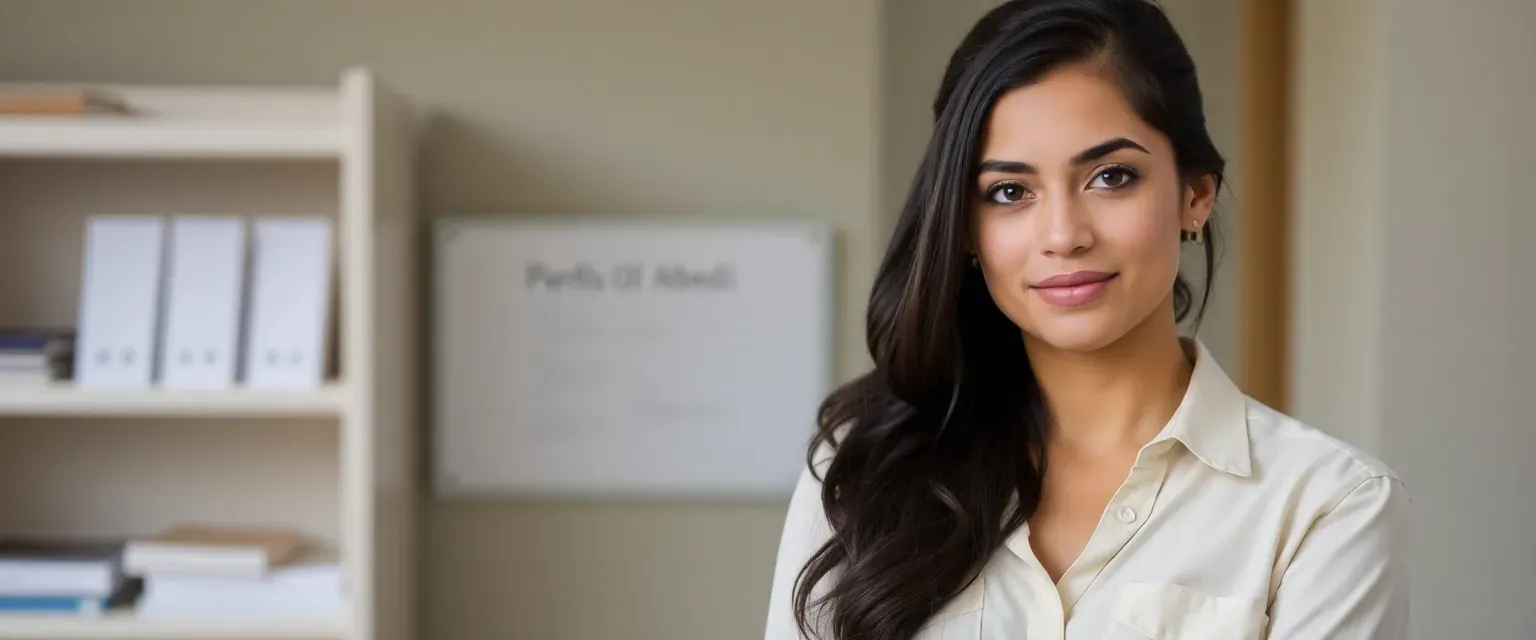 28-year-old Dr. Pardis Abedi, athletic, with dark hair in a ponytail, wearing khaki trousers and a white shirt, her deep brown eyes reflect her passion for evolutionary biology.