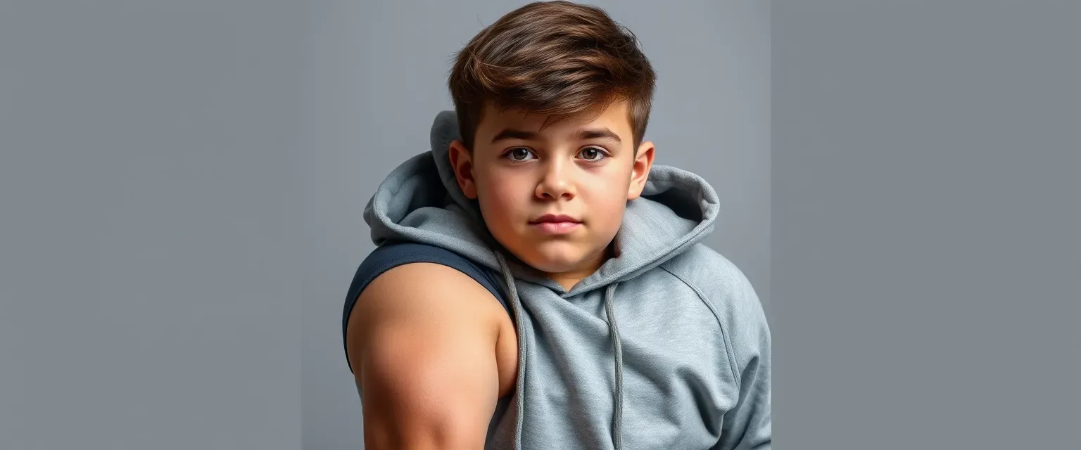 A 15-year-old male with thick thighs, big boobs, strong muscles, and a nondescript hoodie.