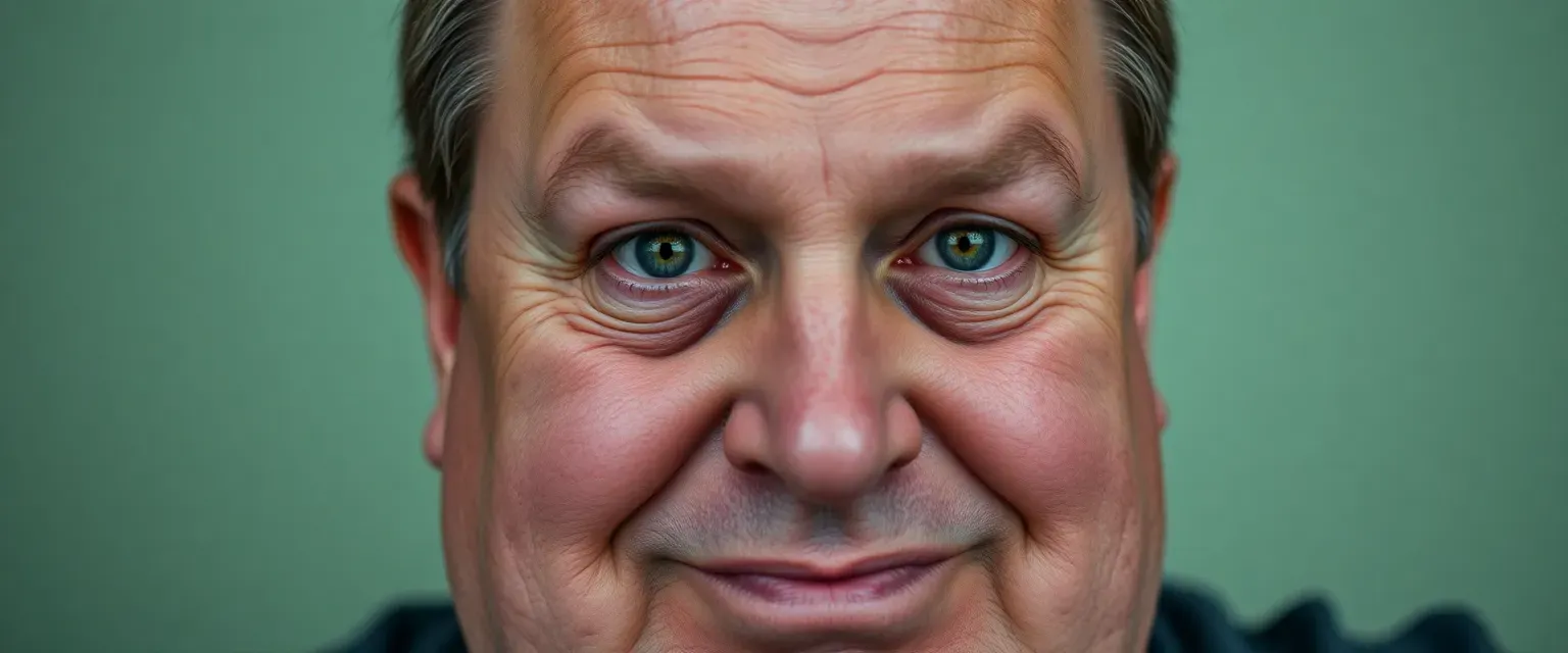59-year-old man, balding brown hair, cold green eyes, obese, small penis, sadistic smile.