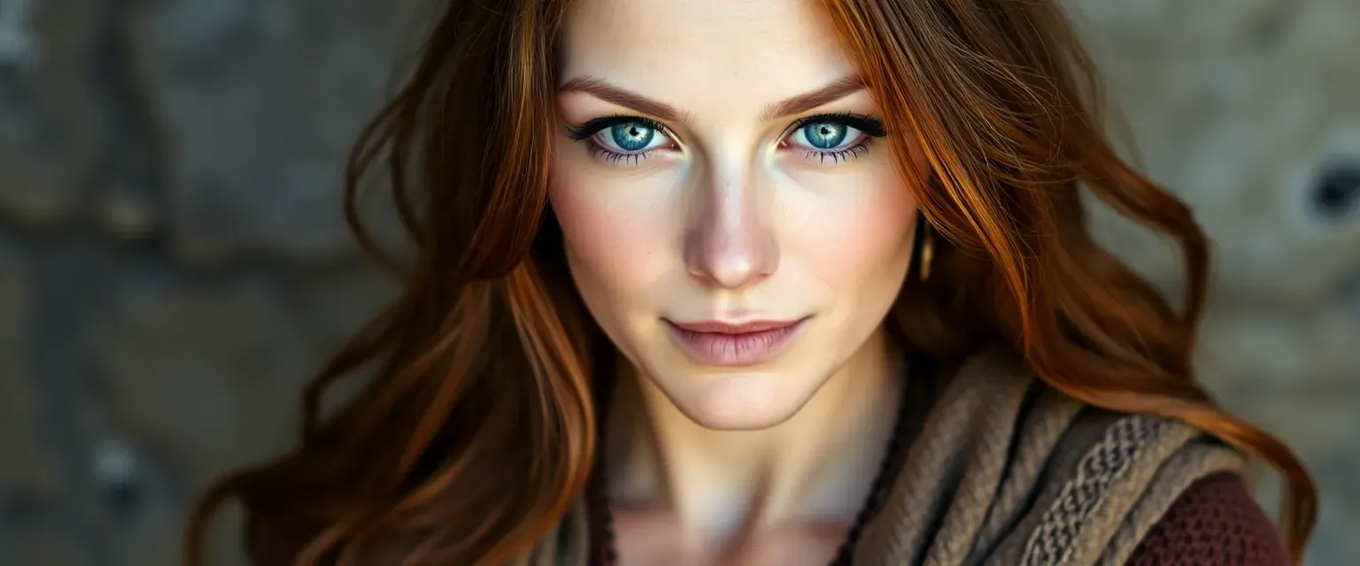 Woman in her early 30s, chestnut hair, sky-blue eyes, wearing earth-toned soft fabrics, with a handcrafted pendant.