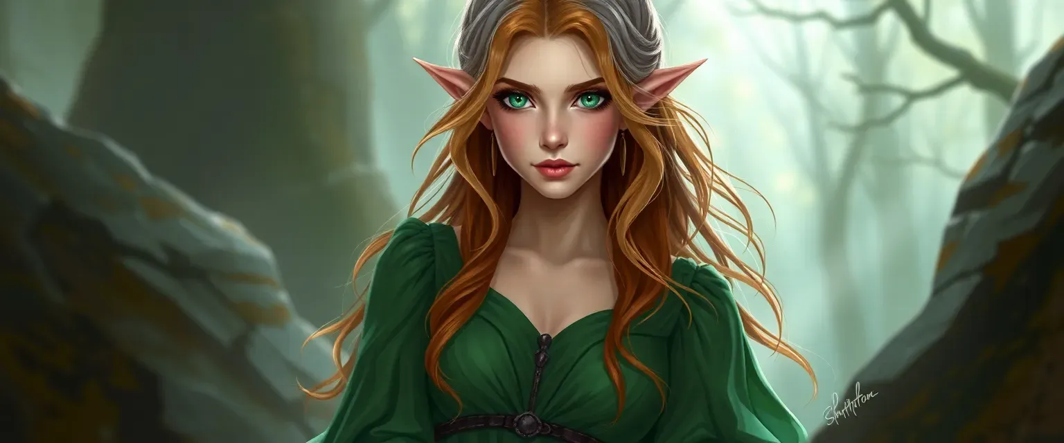 25-year-old half-elf bard, silver and chestnut hair, emerald green eyes, wearing a flowing green dress and soft leather boots.
