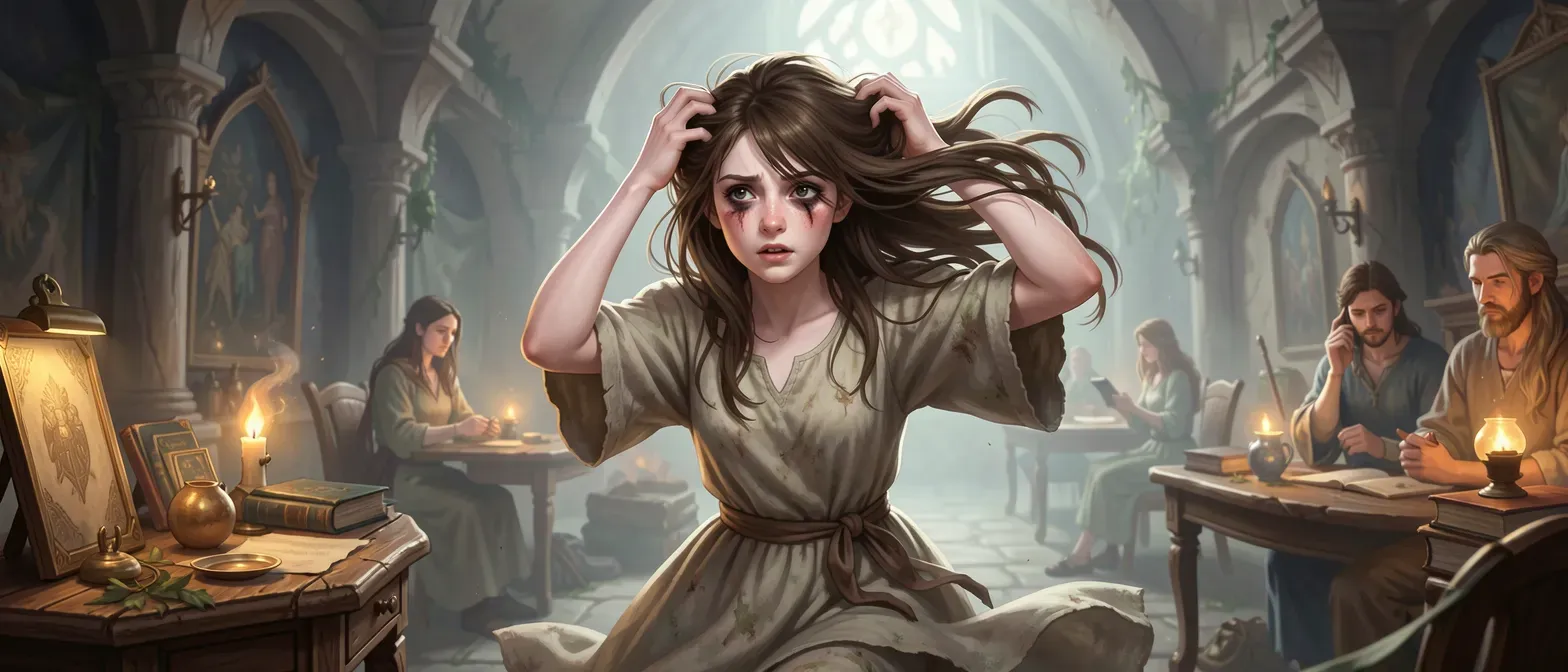 14-year-old pale girl with mousy brown hair, dark circles under eyes, wearing faded loose dresses, nervously twisting hair.