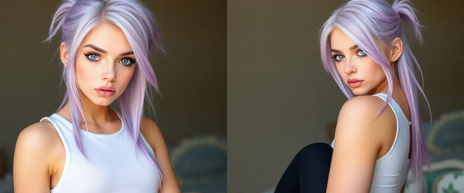 19-year-old Naida with pastel lavender hair, sharp face, fierce grey eyes, long limbs, wearing a white tank top and black leggings.