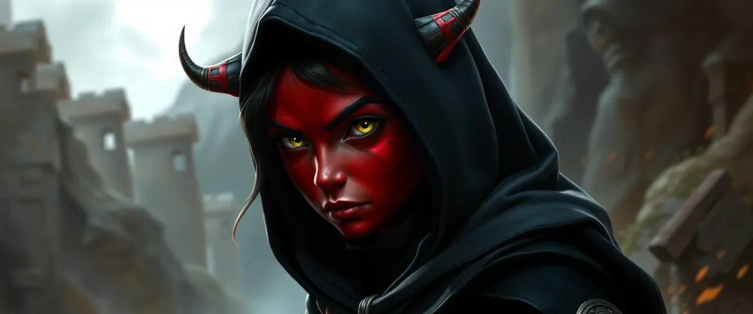 Young tiefling female, deep red skin, black hooded cloak, yellow eyes, no horns.