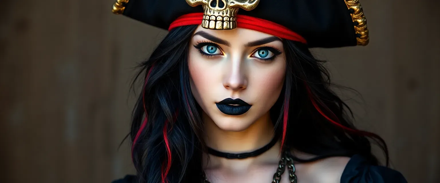 18-year-old female pirate with midnight blue eyes, black hair with red strands, wearing a heart skull pirate hat, black crop top, skirt with chain, and black lipstick.