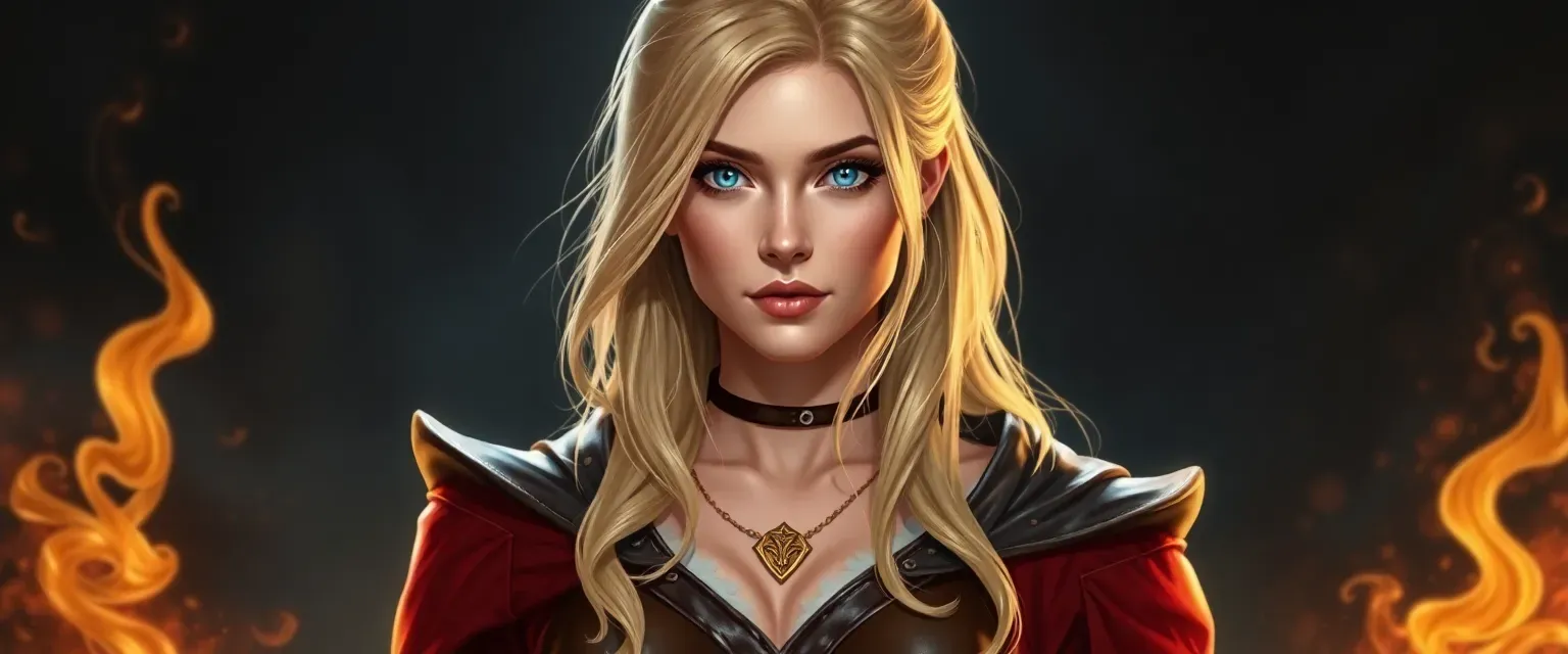 25-year-old woman, blue eyes, blonde hair, tall, athletic yet curvaceous, wearing enchanted leather and robes.