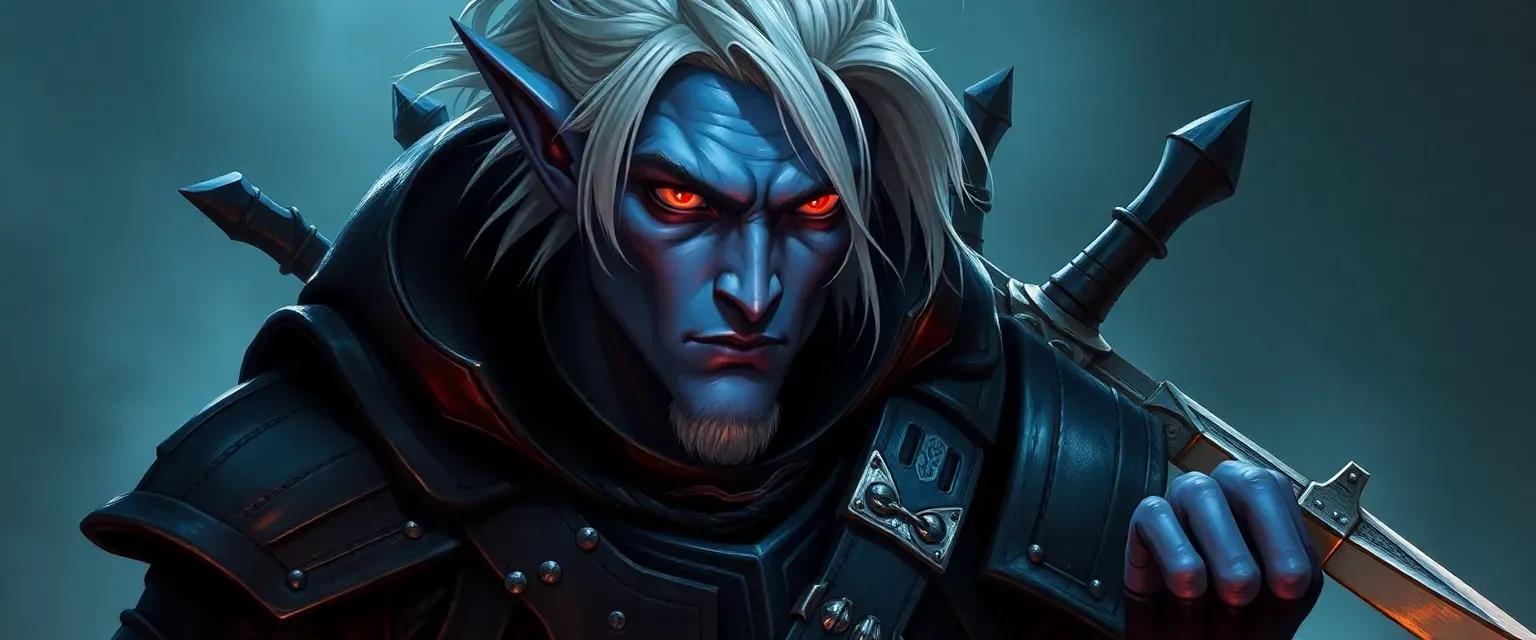 Male drow with blue skin, red eyes, and silver hair, wearing dark leather armor and carrying multiple weapons.
