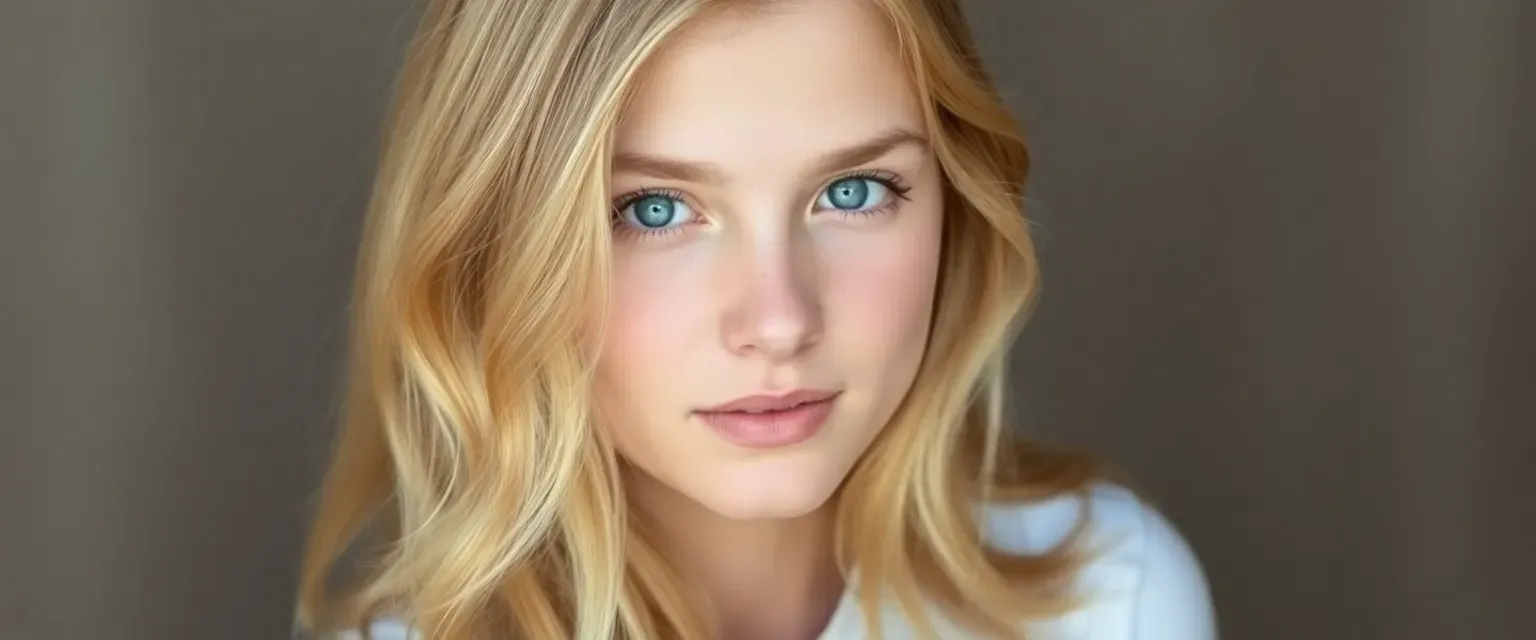 Lucy Hart is a 17-year-old girl with golden blonde hair cascading down in soft waves, crystal blue eyes full of dreams, wearing a white crop top and light blue jeans.