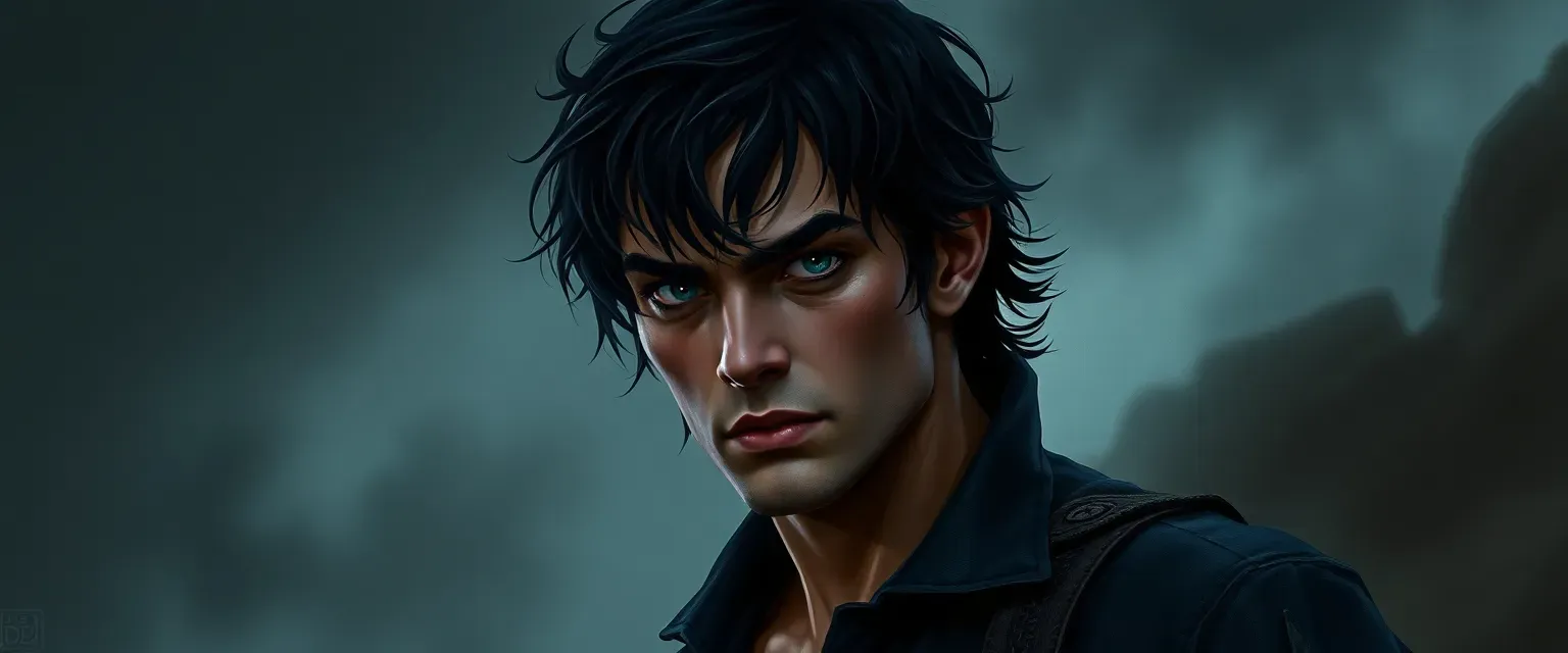 Dark-haired man with stormy eyes, lean and agile, dressed in dark, nondescript clothing with a scar on his neck.