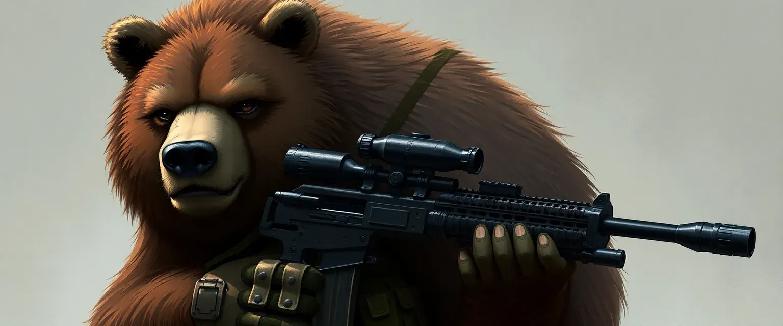 A tall, grizzled bear in military uniform, equipped with a sniper rifle and machine gun, with deep brown fur streaked with gray.
