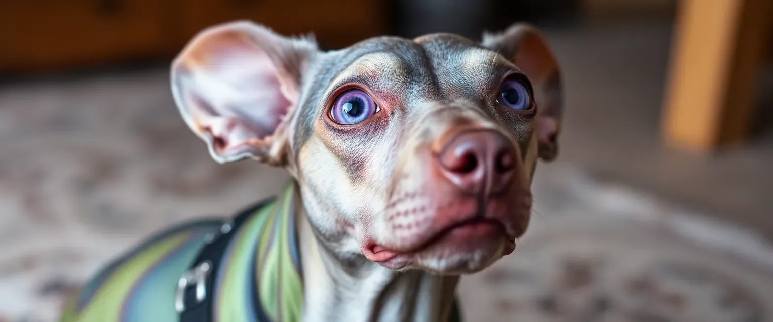 Alien dog with iridescent fur and violet eyes, serving as a psychiatric service dog.