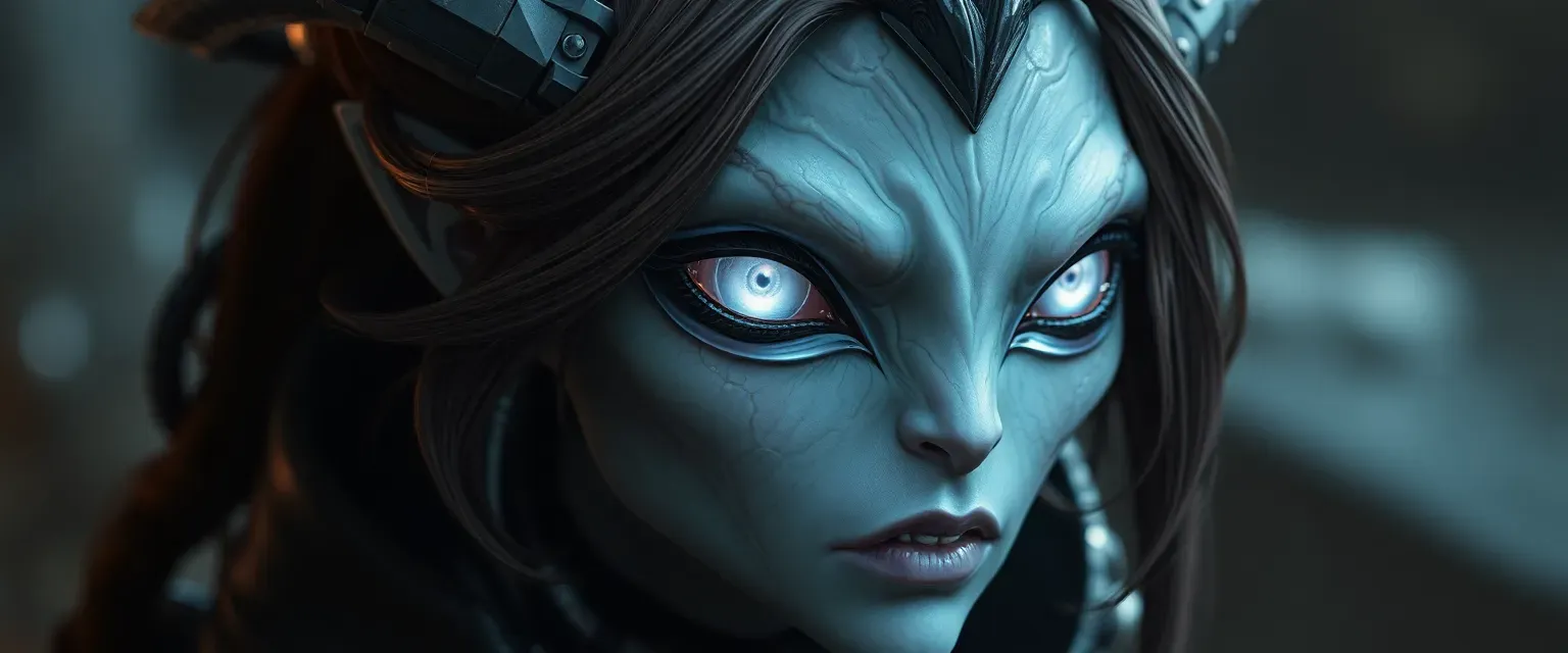 Alien anomaly with dark brown hair, white glowing eyes, small black horns, futuristic attire.