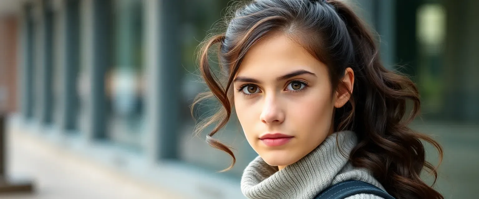 21-year-old college student, dark wavy hair in ponytail, thoughtful brown eyes, casual jeans and sweater, determined expression.
