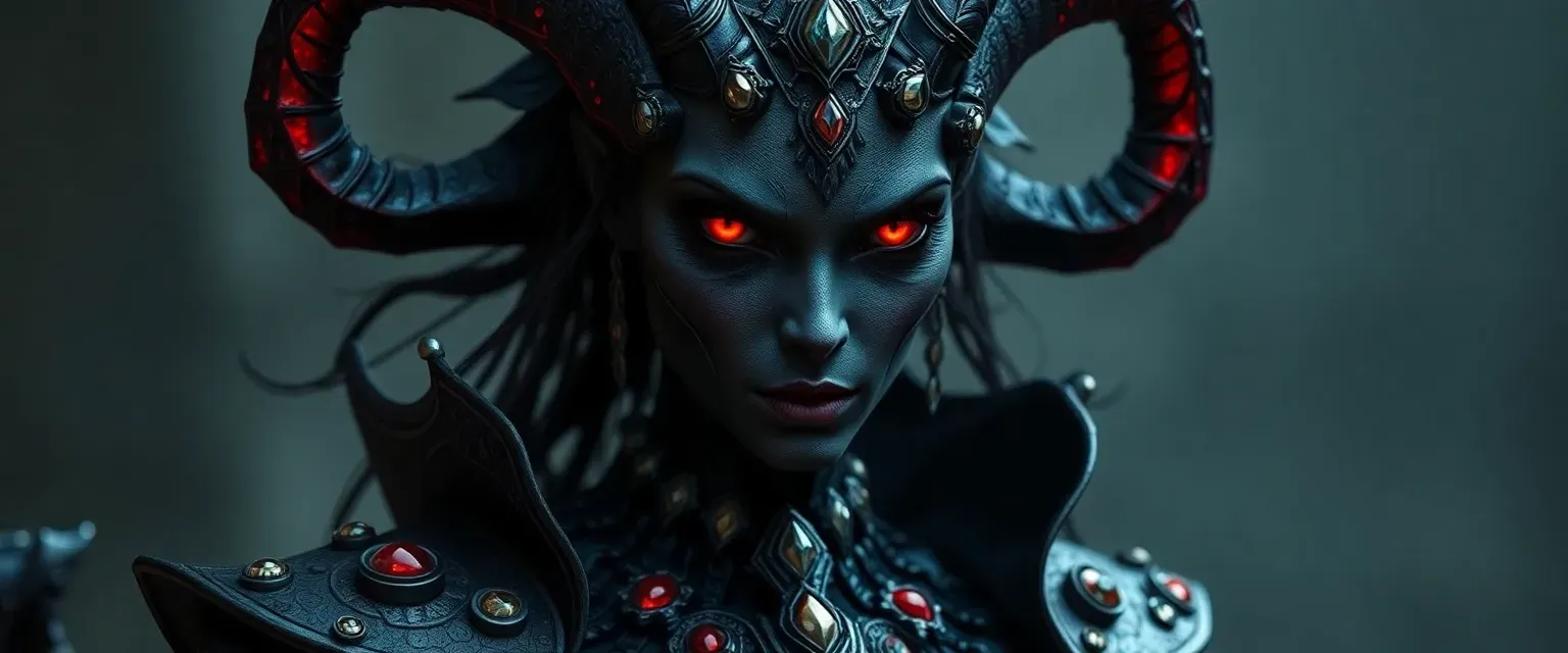 Dark-skinned demon queen with crimson eyes, shadow hair, and bone armor adorned with pulsing jewels.