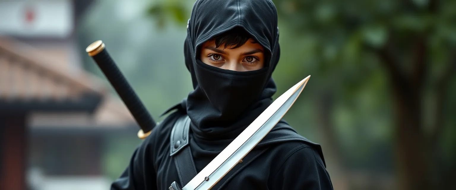 Tall 15-year-old with brown eyes, dressed in dark, form-fitting ninja attire, carrying a sheathed sword.