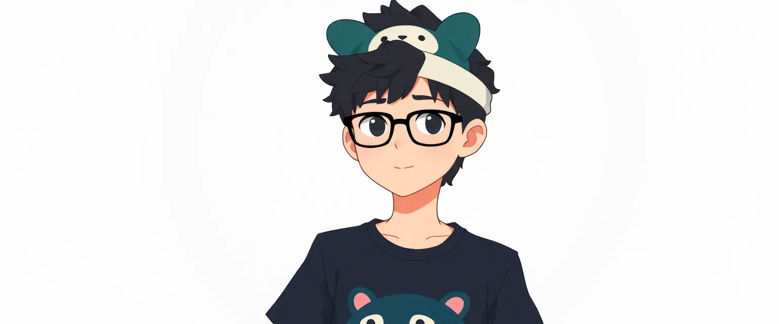 14-year-old mute boy with glasses, curly black hair, wearing an Aquapets t-shirt and headband featuring Puku's ears.