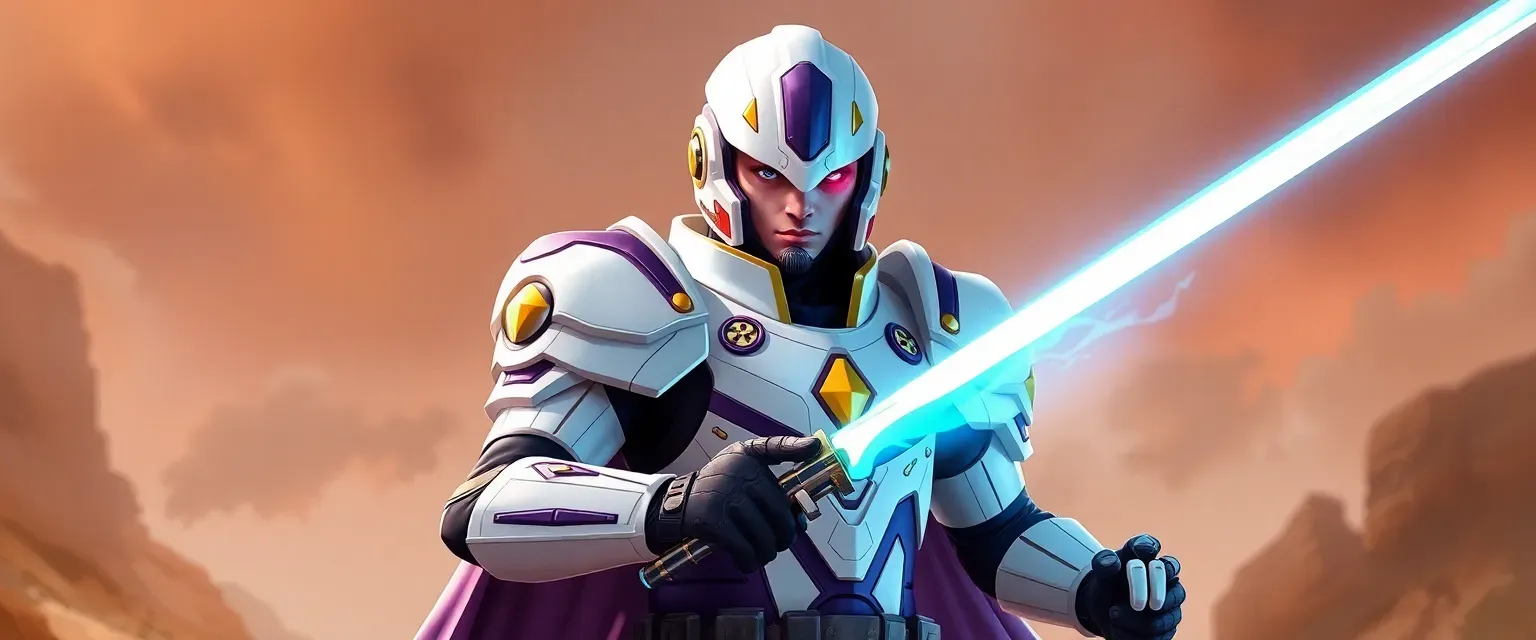 20-year-old captain in white, purple, and gold Sentinel armor, wielding gravity powers, armed with gauntlet blasters, hip blaster, and laser sword.