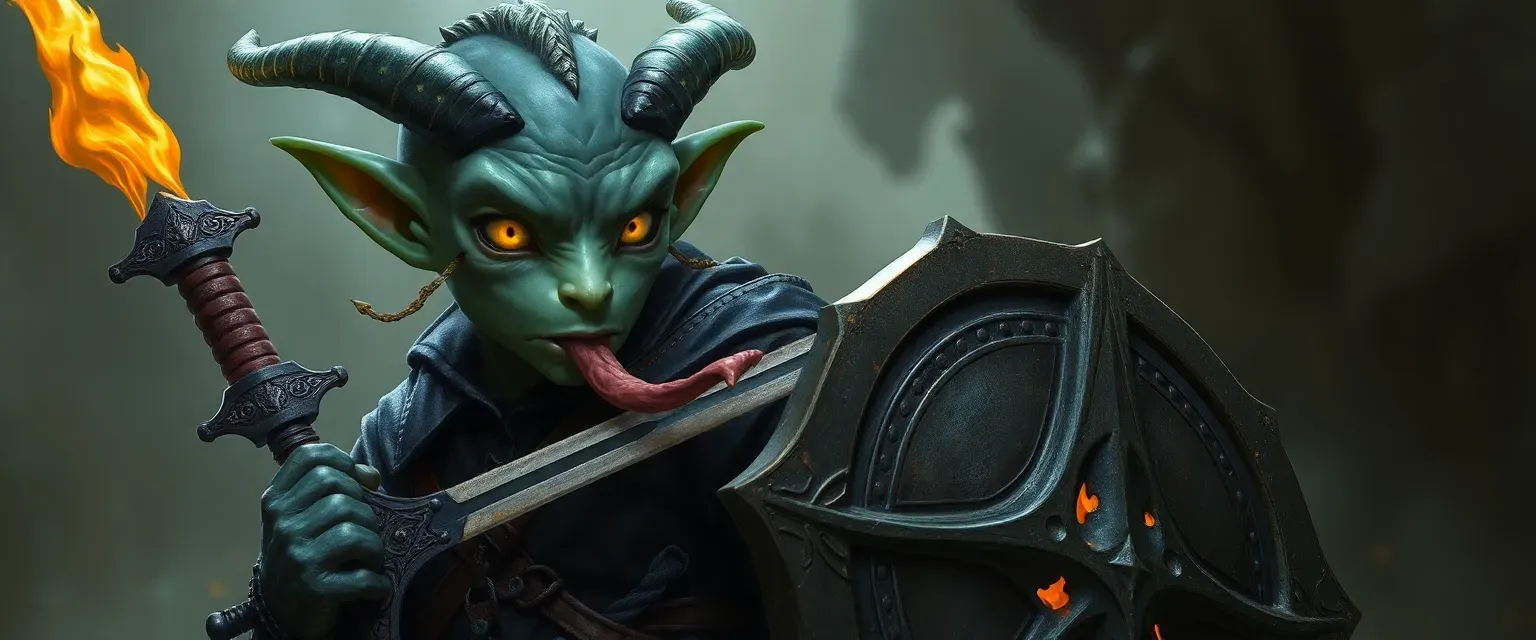 Changeling with mutable gray-green skin, yellow eyes, dark leather attire, carrying a flame tongue sword and a forgework shield.