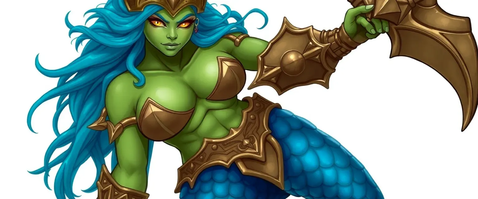 Merfolk ruler with green plated skin, yellow eyes, long turquoise hair, blue pants with scale-like armor, and fins on arms, legs, and head.