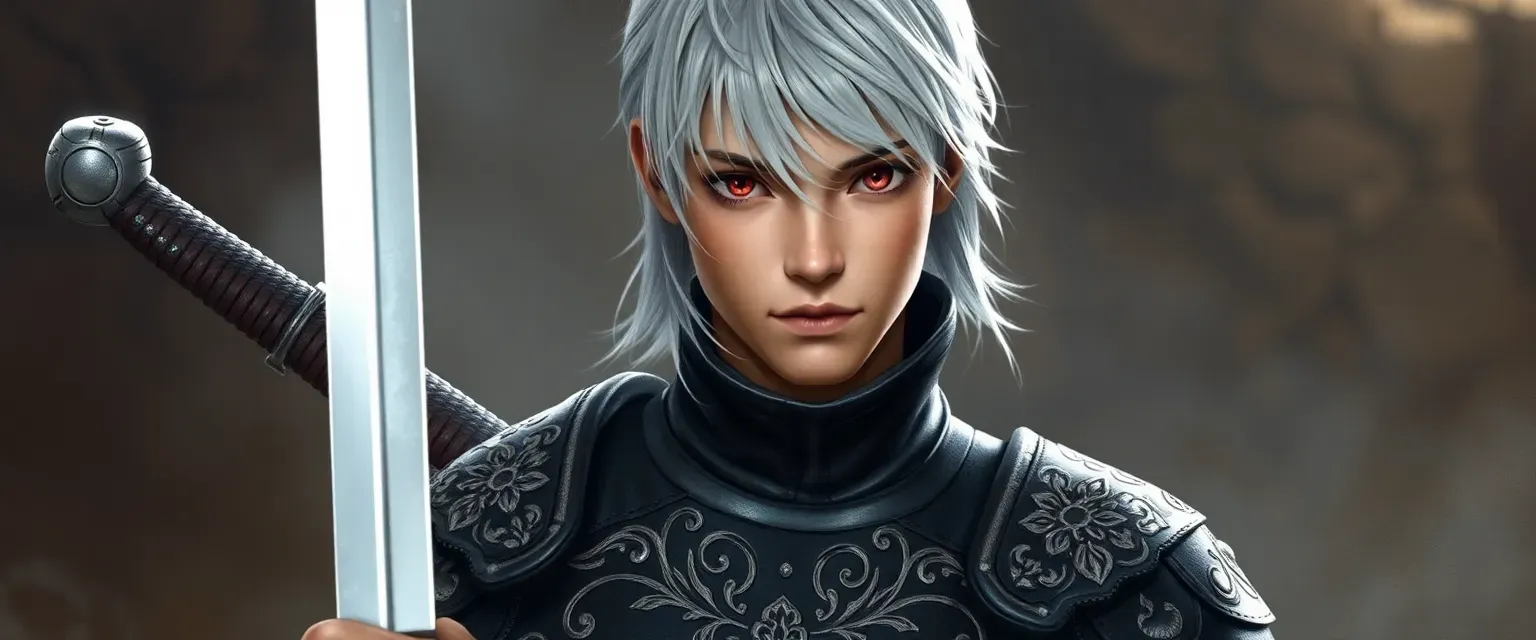 Young Aasimar man, silver hair, red eyes, leather tunic with silver embroidery, carrying a sword.