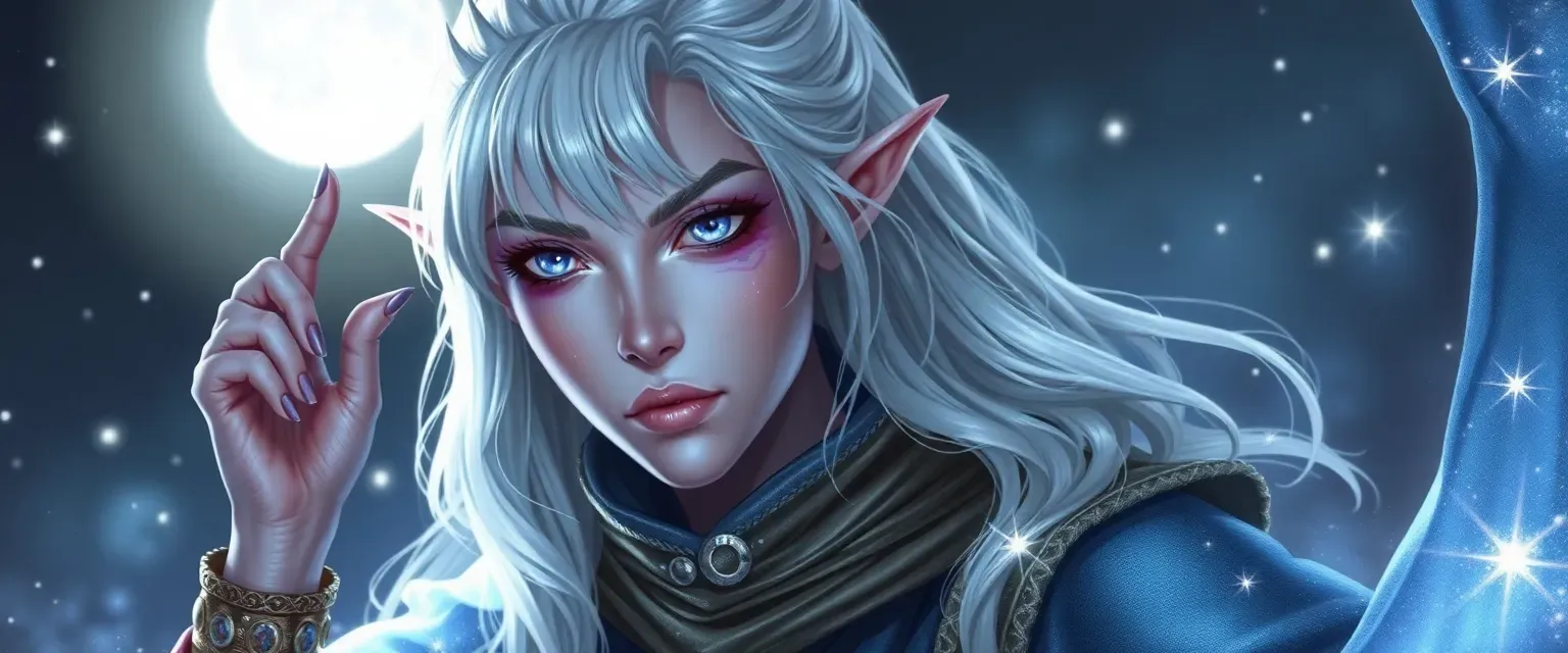 Silver-haired eladrin cleric with twilight eyes, wearing starlight robes, exuding a soft moonlight glow.