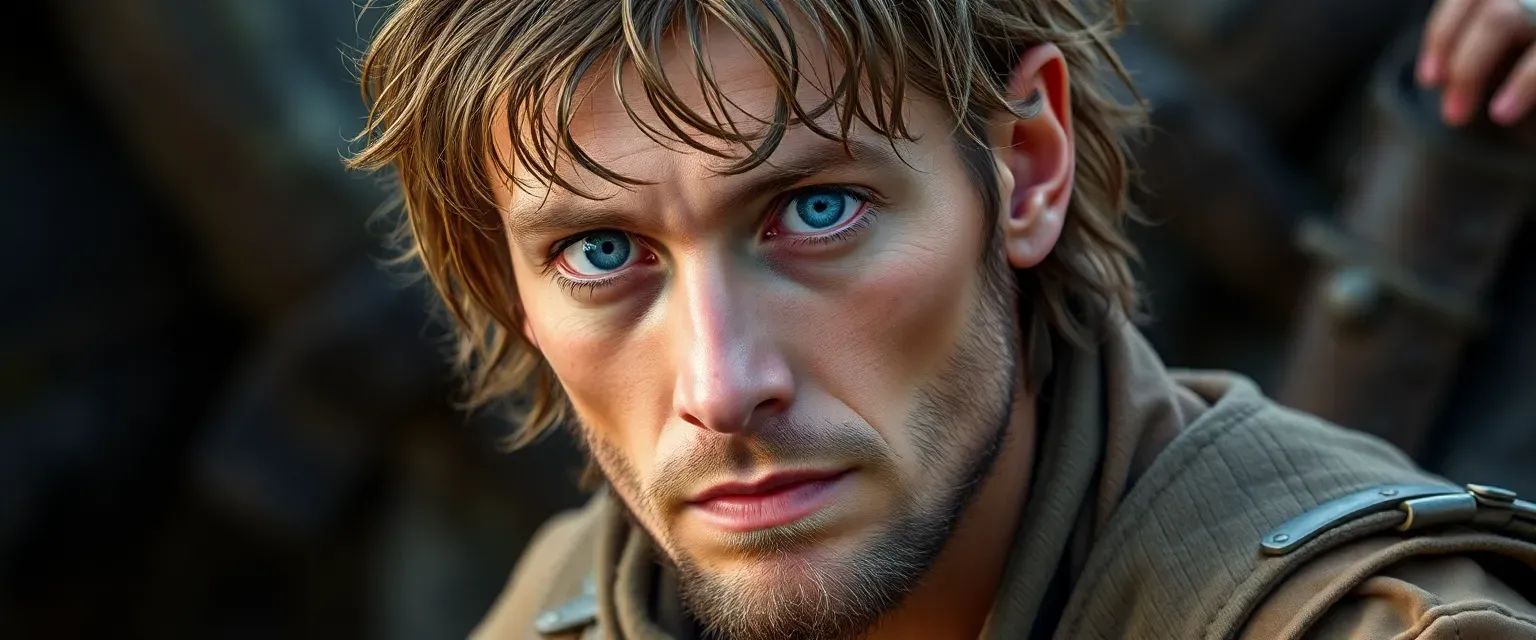 Mid-20s man, rugged, blue eyes, weary expression, dressed in tattered, practical clothing.