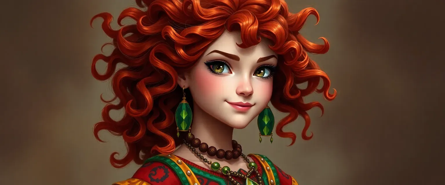 Petite woman with wild chestnut curls, vibrant dresses, and a warm, mischievous face.