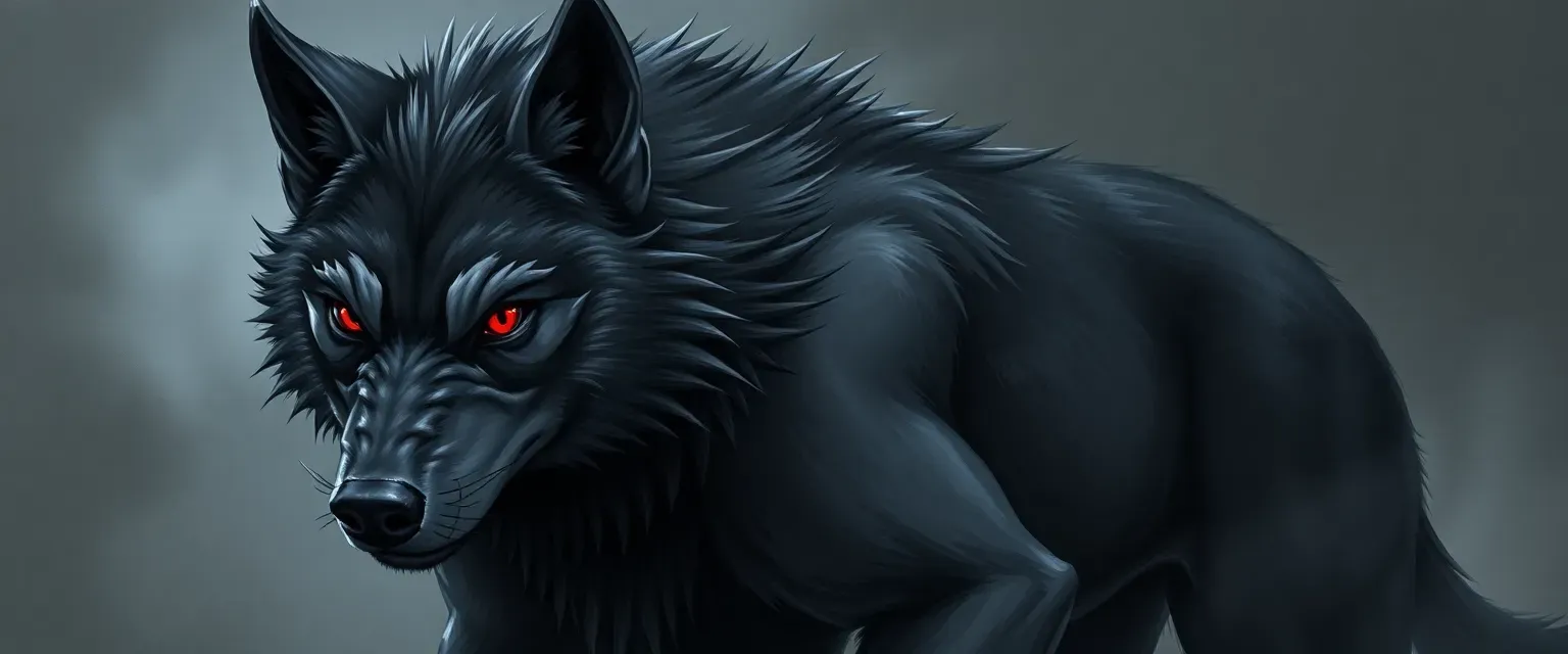 Dark grey wolf with crimson eyes, muscular build, commanding presence.
