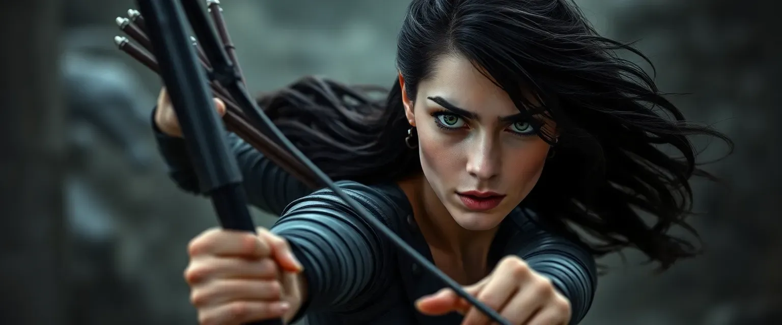 Late 20s woman with raven hair, sharp eyes, in dark leathers, carrying a bow and quiver, moves like a panther.