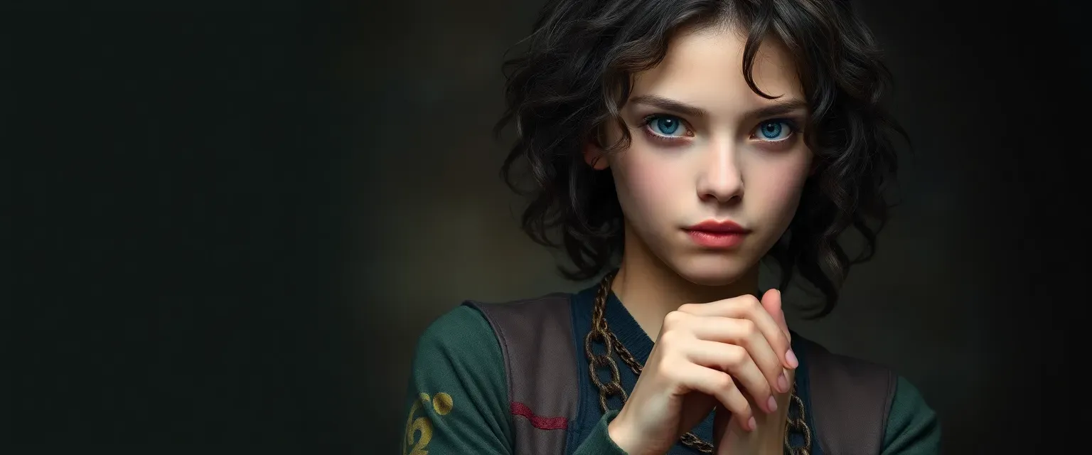 18-year-old with tangled dark curls, piercing blue eyes, wearing eclectic mix of clothes, often tapping fingers rhythmically.