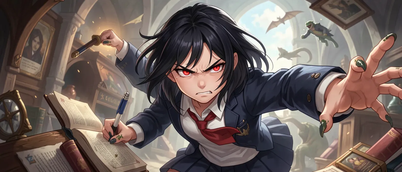 12-year-old girl with dry black hair, red eyes, and lizard nails, wearing school uniform with a defiant scowl.