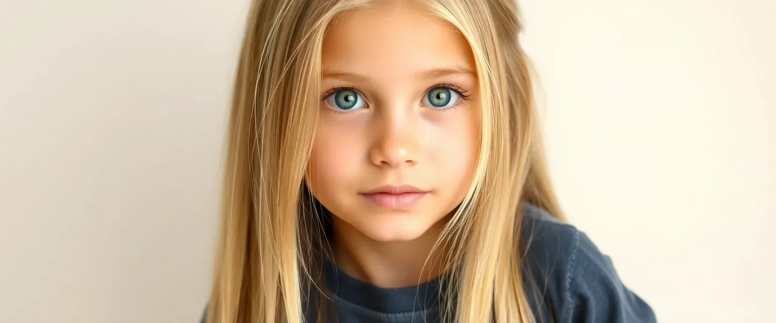 8-year-old girl with long blonde hair, deep blue eyes, petite, wearing blue jeans and T-shirt or school uniform.