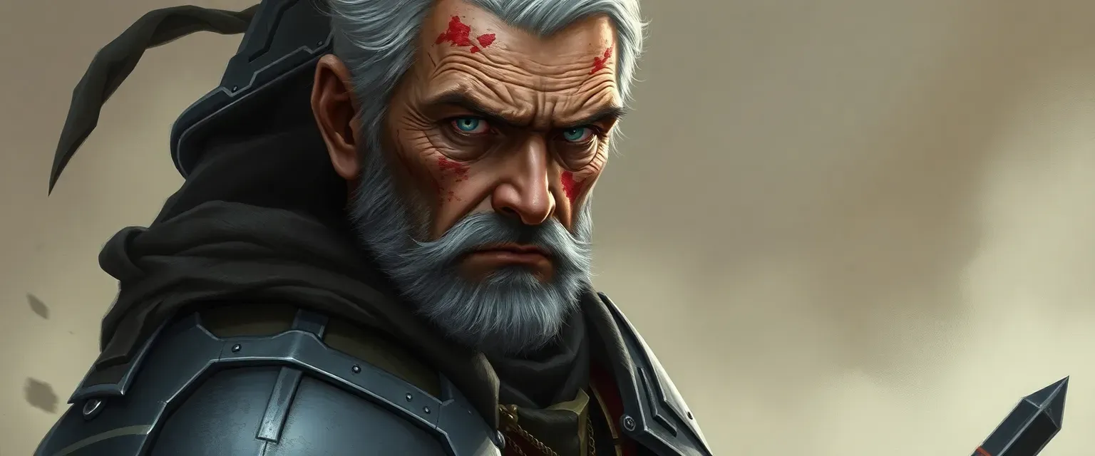 Aged knight with scars and a limp, wearing medieval armor with modern touches, piercing blue eyes, stoic expression.