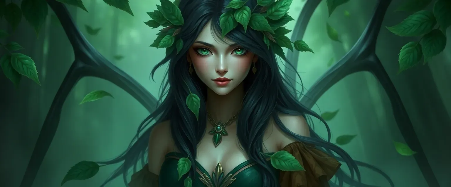 Half-Nymph with emerald eyes, raven hair adorned with leaves, wearing flowing green and brown gowns.