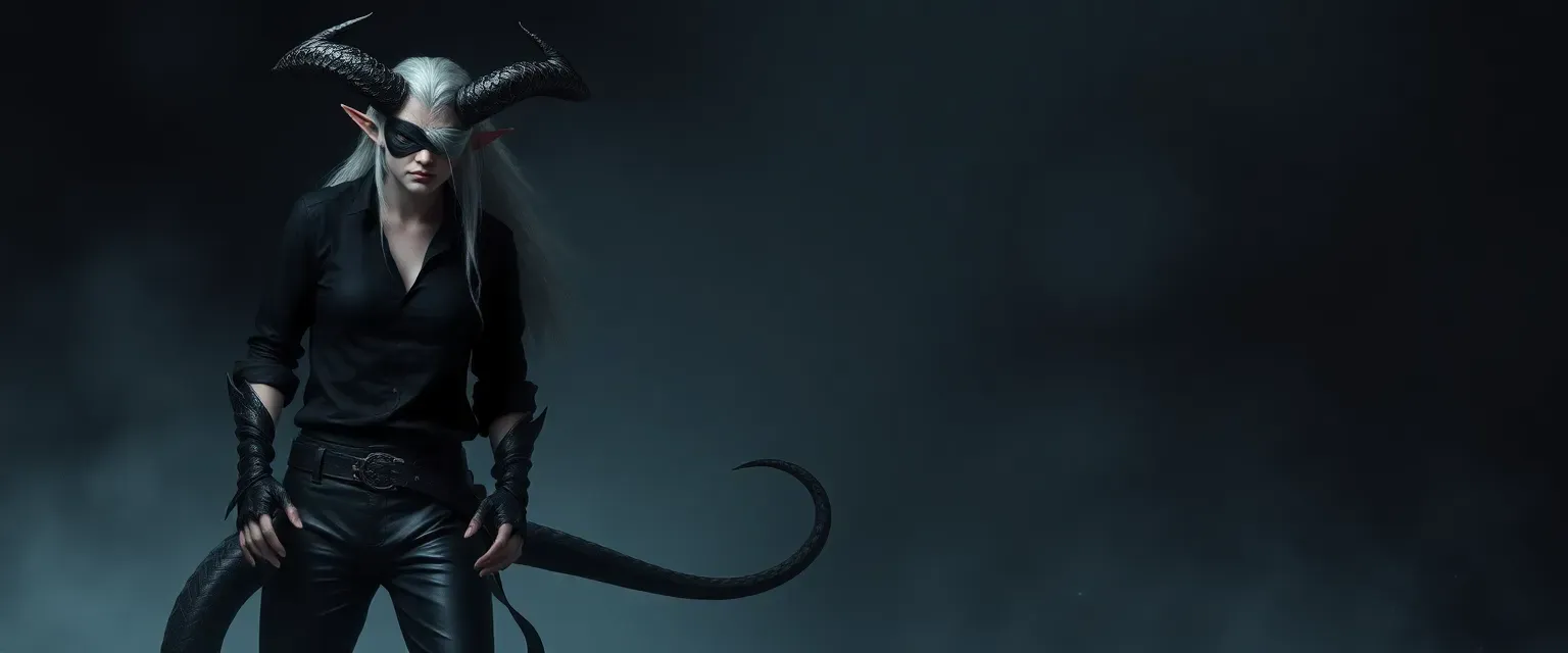 Half-snake demon, half-winter eladrin Elf, black eyepatch, half-mask, black shirt, leather pants, tail as belt.