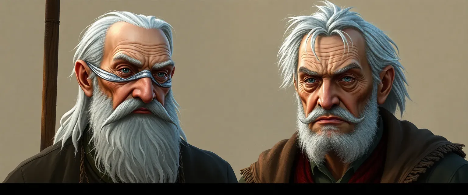 Two old Slavic men, one tall and blind with white hair, the other short and hard of hearing with gray hair and a scowl.